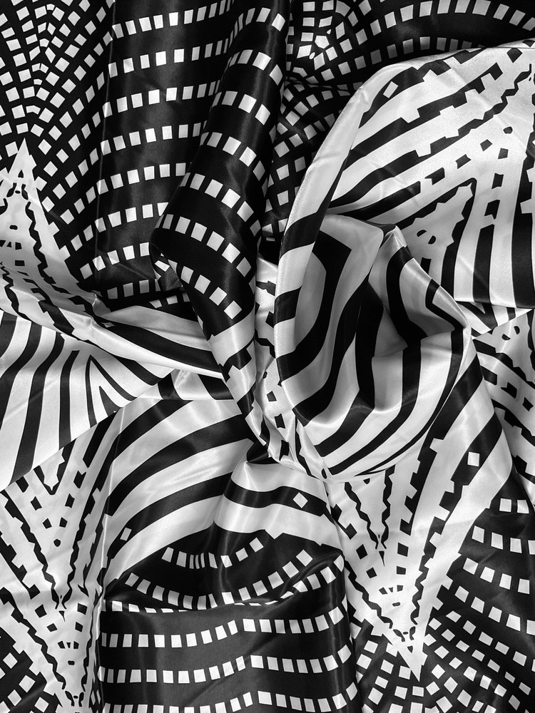 African Print, Satin Fabric- Black, White “Lalibela Heights”, Yard or Wholesale