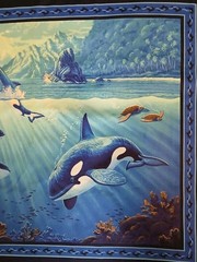 Ocean Killer Whales Cotton Fabric LARGE Panel Mammal Blue Sea Scene 44×35″