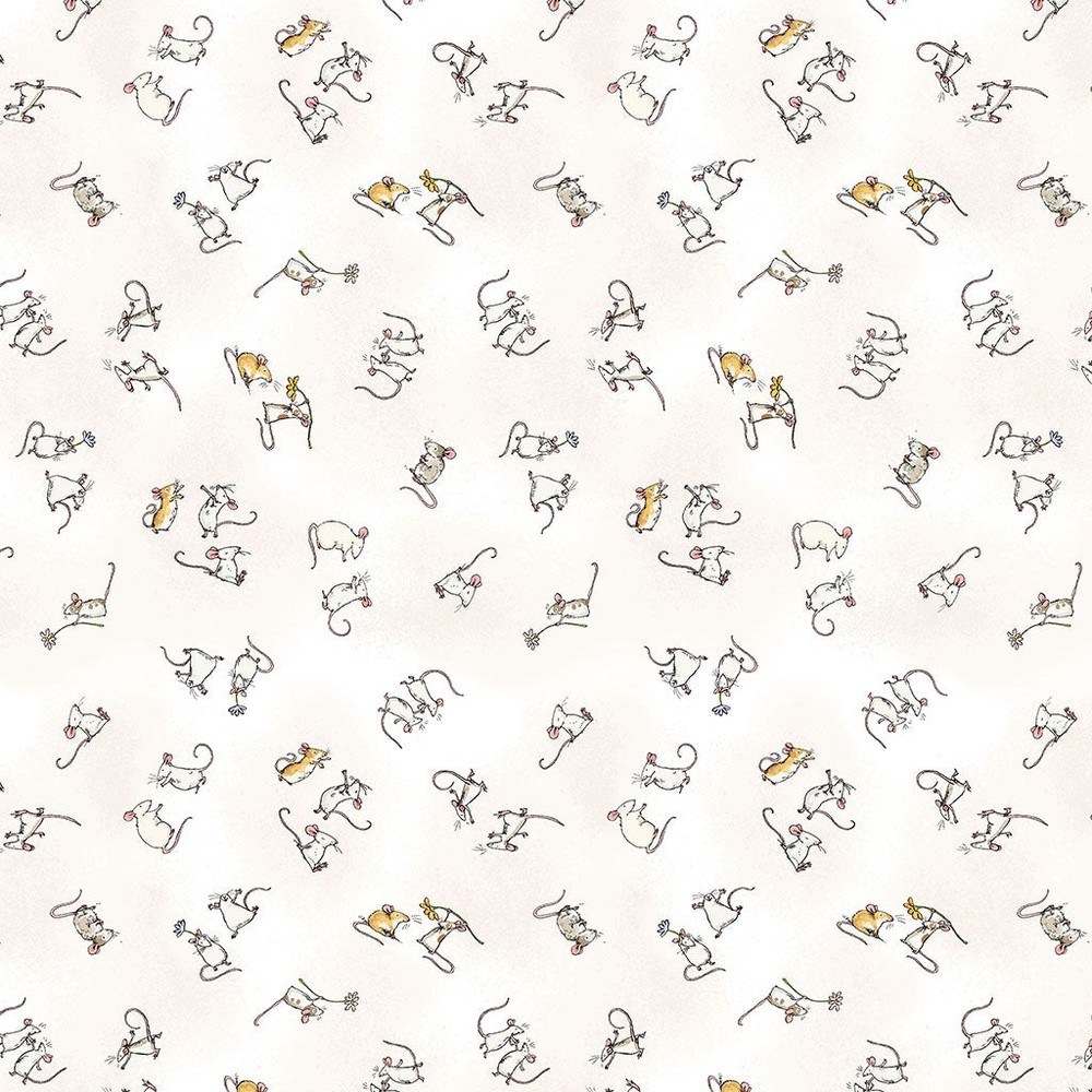 1/2 Yard Fabric – Mouseplay | Baby Mice – White by Anita Jeram by Clothworks