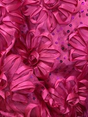Allie HOT PINK 3D Floral Polyester Satin Rosette with Sequins Fabric by the Yar