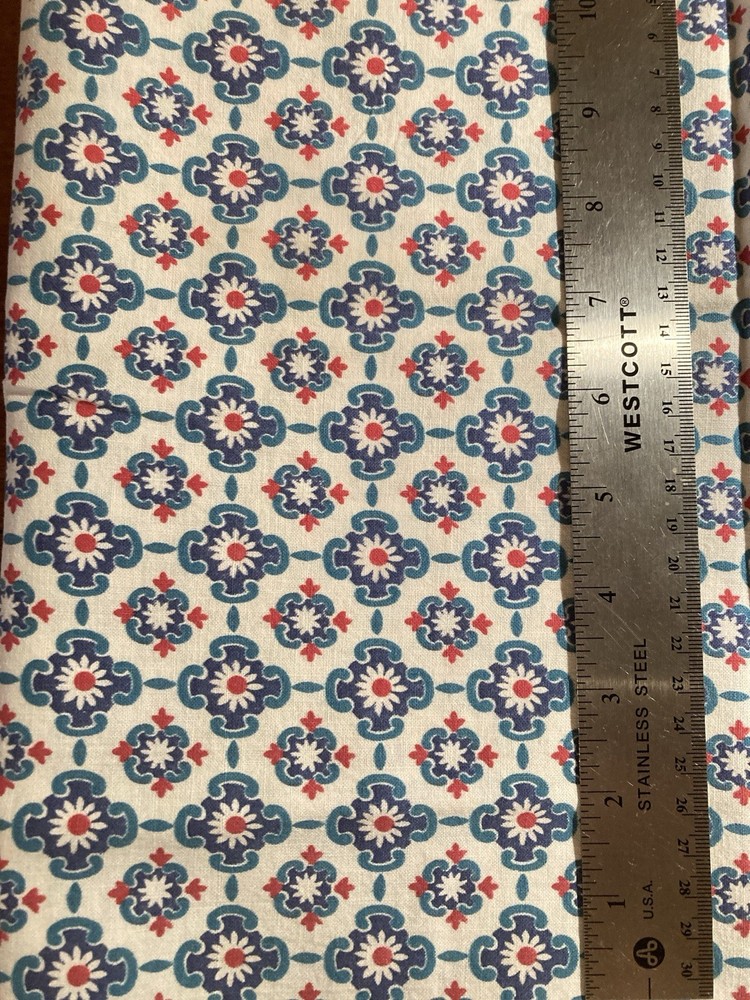 Blue Green Medallions Red Accents on White Very Vintage Cotton Fabric 30″ x 37″W