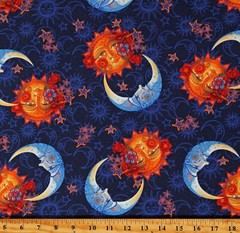 Cotton Celestial Moons Suns Faces Stars Navy Fabric Print by the Yard D772.91