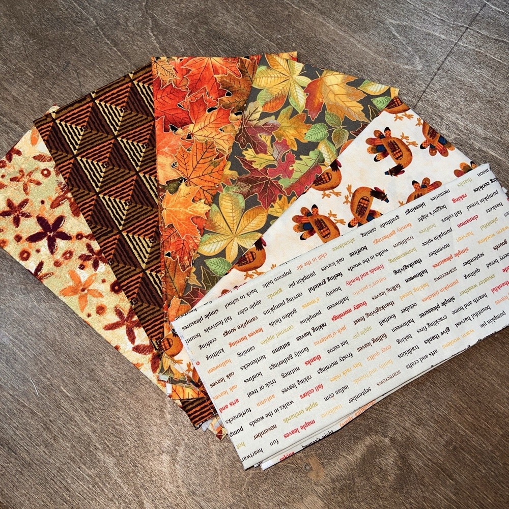 Fall Autumn 6 Fat Quarters Quilters Cotton Turkeys Oak Leaves orange green red