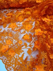 Orange 3d Lace Fabric Sold By The Yard Embroidered Pearls 3d Floral Prom Bridal