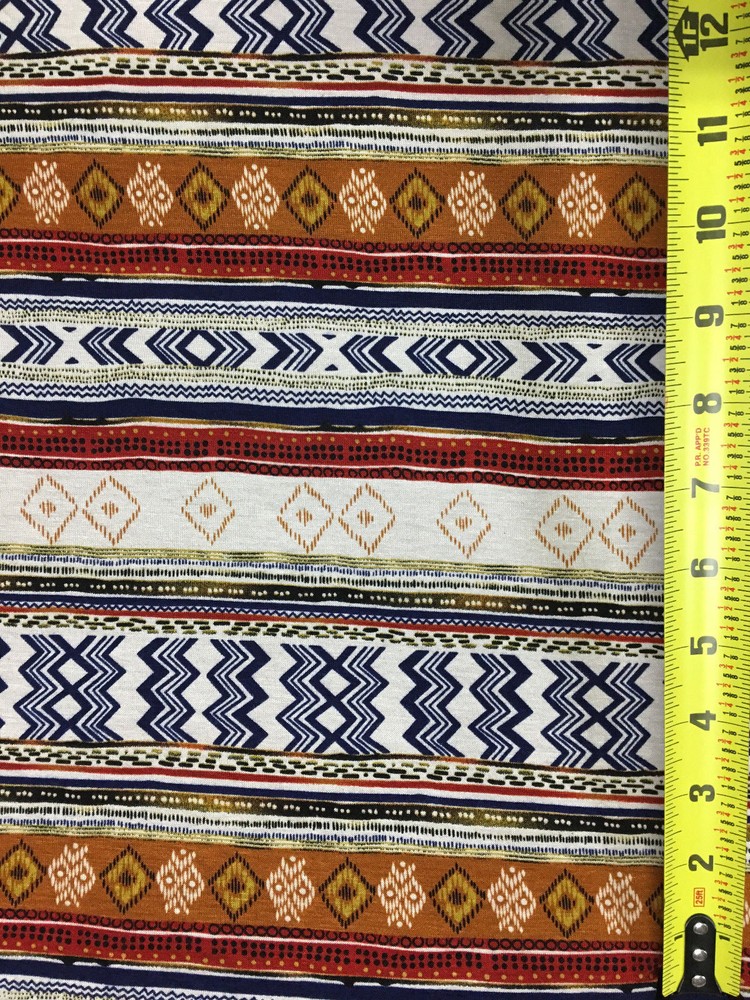 Rayon Stretch Jersey Knit Fabric horizontal Ethnic print Rust/Navy/Cream 9 oz