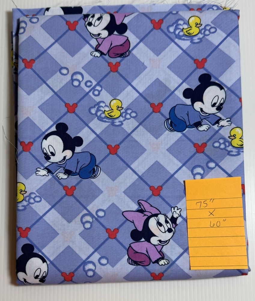 VTG Disney Babies Mickey Minnie Mouse Blue Grid Pattern Fabric 75” X 60” New