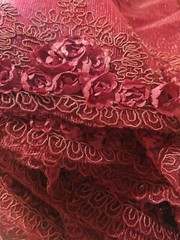 Dark Red Mesh Scalloped Lace French design embroidery Fabric W/ Mini 3D Flowers