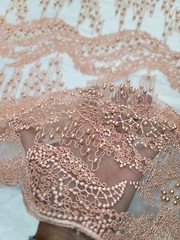 Deluxe PEACH Embroidered Handmade Lace By The Yard_ Hand Beaded Mesh Lace Fabric