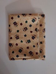 Beige quilting fabric: folk-style angels among hearts and stars