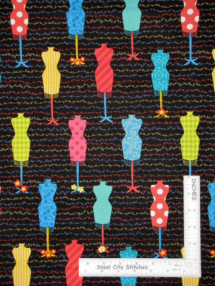 Dress Form Multi Color on Black Sew Excited Cotton Fabric Benartex By The Yard