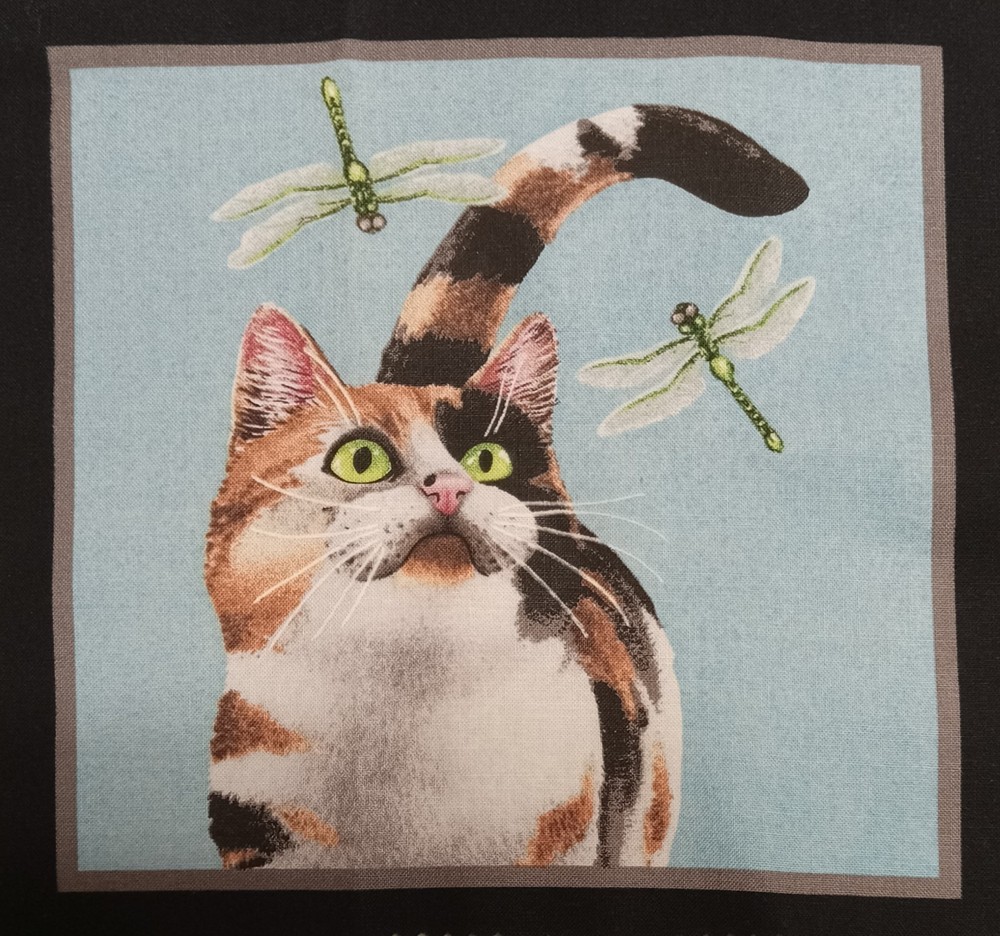 Elizabeth’s Studio~”Kitty Cat & Dragonflies”~ Cotton Fabric Panel ~ 6.75″x6.75″