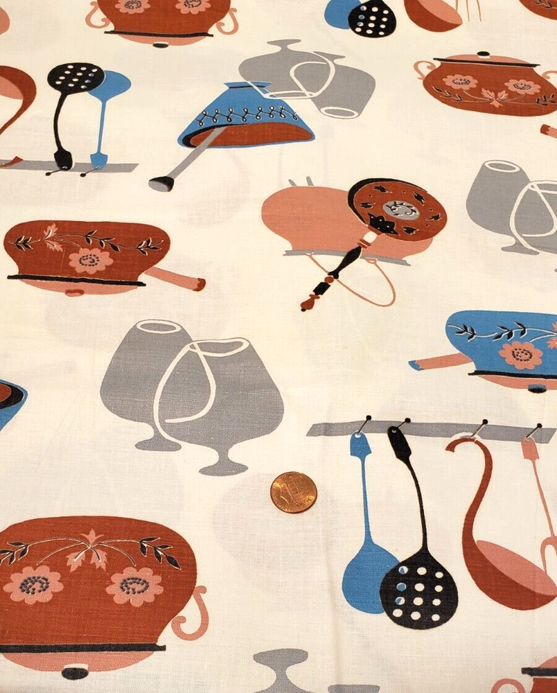 VTG Kitchen Fabric 4 Yds + 26″ Brandy Snifter Pot Pan Mortar Pestle Spoons Ladle