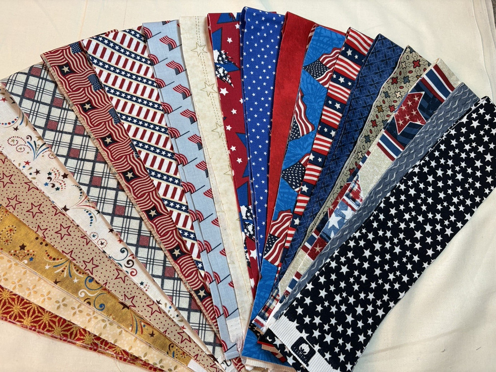 Cotton Fabric Strips ribbon 20 pieces 2.5 x 42″ red white blue Patriotic