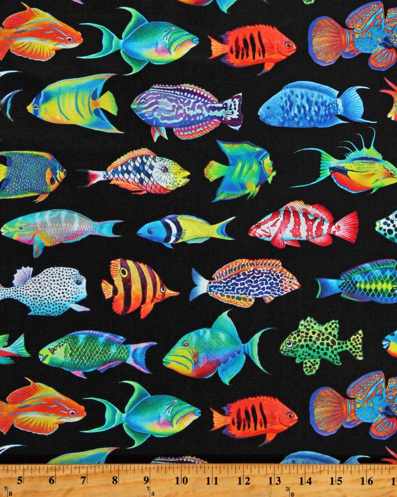 Cotton Coral Canyon Fishes Animals Aquatic Black Fabric Print by Yard D388.65