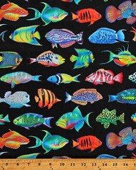 Cotton Coral Canyon Fishes Animals Aquatic Black Fabric Print by Yard D388.65