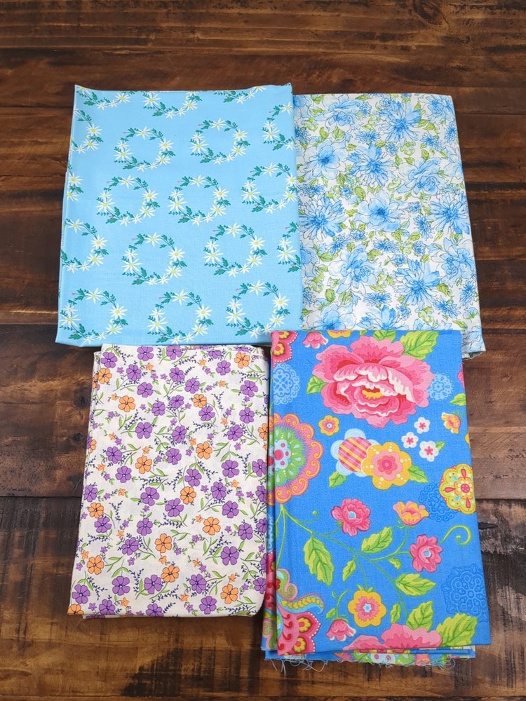 Lot of Fabric, floral, blue, white, pink, purple, orange, 1lb 5oz