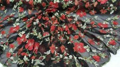 Red Floral Lace Green Leaf Embroidered on Black Mesh Fabric Sold by the Yard