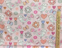 Cartoon Bird Heart Tulips Fabric Pink Cotton Screen Print 200″ Long Butterfly