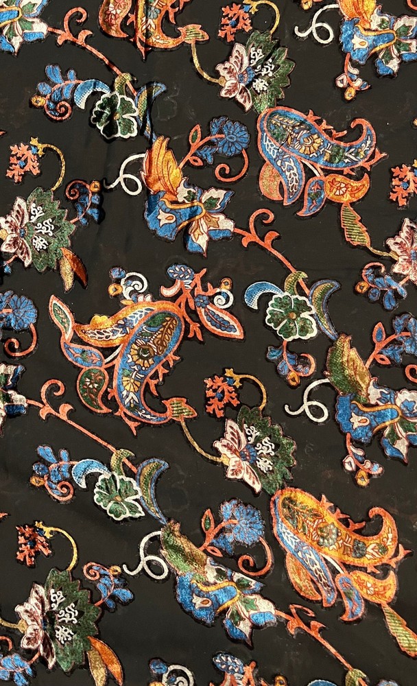 Floral Velvet Burnout Chiffon Fabric: Turquoise, Green, Orange – 45″ Wide