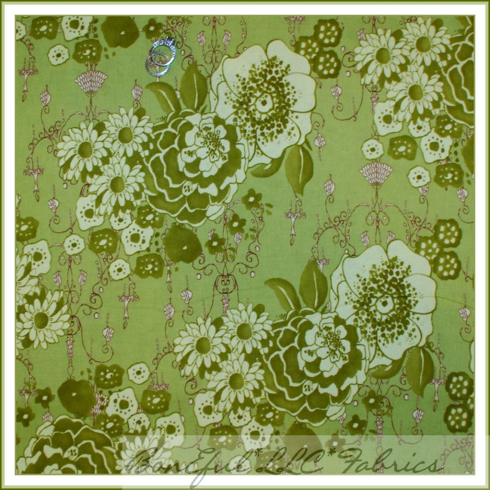 BonEful Fabric FQ Cotton Quilt Green Brown Flower Zazu Lace Damask Bohemian BOHO