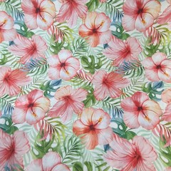 Blush Pink Hibiscus Tropical Palms Hawaiian Cotton Fabric 44″ BTY Summer DIY