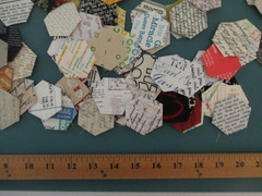Quilt Block Fabric Basted 1″ Hexagons Lot of 211 All Print Words for EPP Crafts