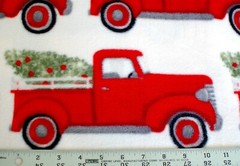 BTY*CHRISTMAS ANTI-PILL PLUSH FLEECE WITH DOG & TREE IN RED TRUCK FABRIC 60X36″