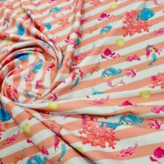 Spandex fabrics Mermaids with Coral and White Stripes Print Nylon Spandex