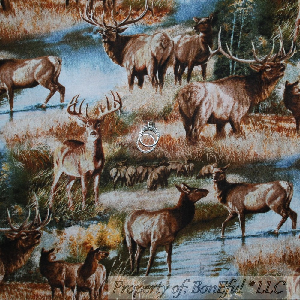 BonEful Fabric FQ Cotton Quilt Scenic Deer Buck Farm Tree Nature Wood Hunt Cabin