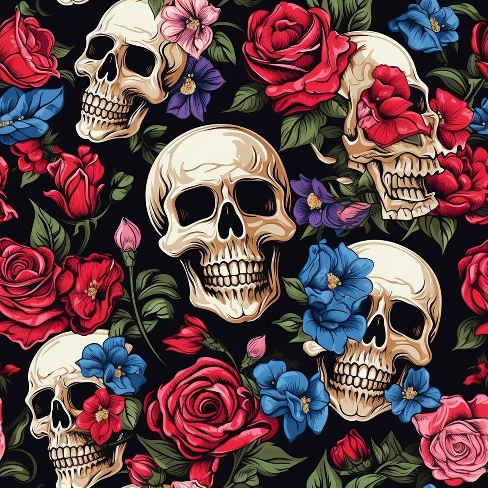 Skulls and roses Printed Cotton Fabric By The Yard