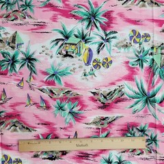 Pink Tropical Island Beach Fabric Palm Tree Hawaii Cabana Sailboat Green 57×64