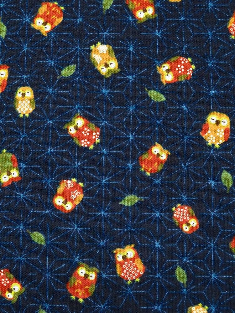 Wagura Owls Japanese Cotton Fabric Sevenberry Blue By the Yard