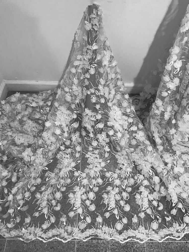White 3D Flower Embroidered Silver Sequins Lace Fabric 50in Sold By The Yard