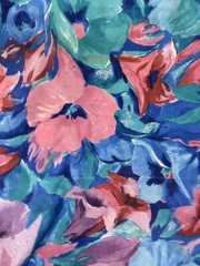 Vintage 90’s Cotton Fabric Big Floral Roses on Grid BLUE 58″X80″ Cottage