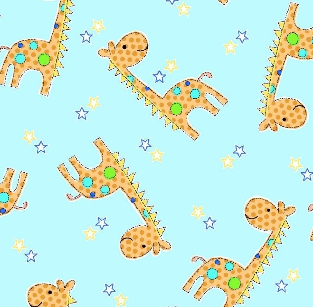 A.E. Nathan Baby Giraffes on Blue Cotton Flannel Fabric by the Yard