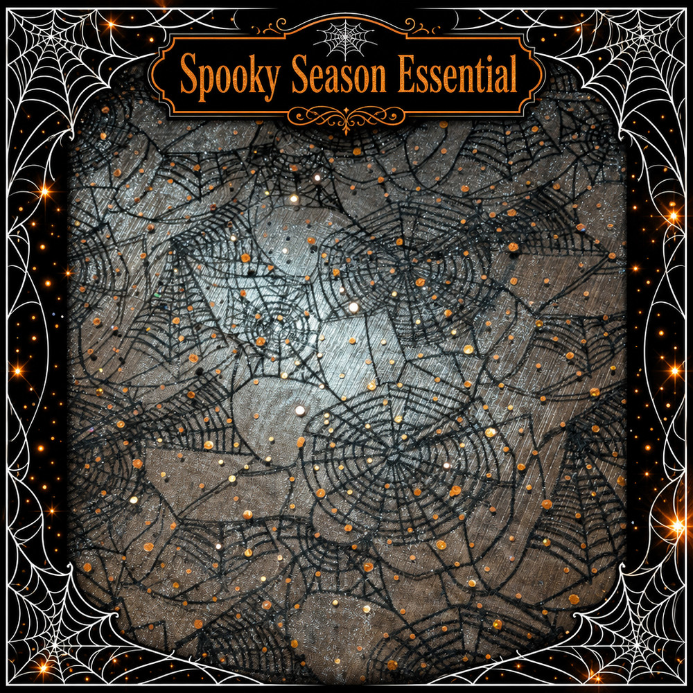 Spellbound Sparkle Spiderweb Lace — 56” x 104” — Black Webs + Orange Sequins