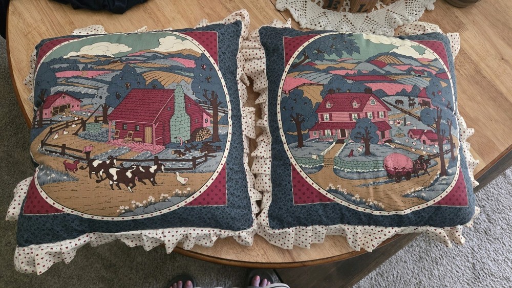 Vintage 1980s VIP Cranston Farm Print Fabric Pillows Lot of 2