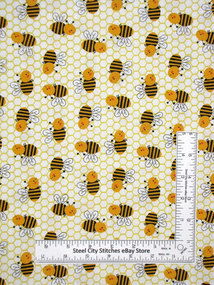 Bumble Bee Fabric Honey Bees Honeycomb on White Cotton By The Yard