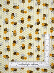 Bumble Bee Fabric Honey Bees Honeycomb on White Cotton By The Yard