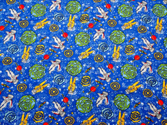 Planets & Astronaut Fabric Multicolored Jupiter Stars on Blue Cotton BTY