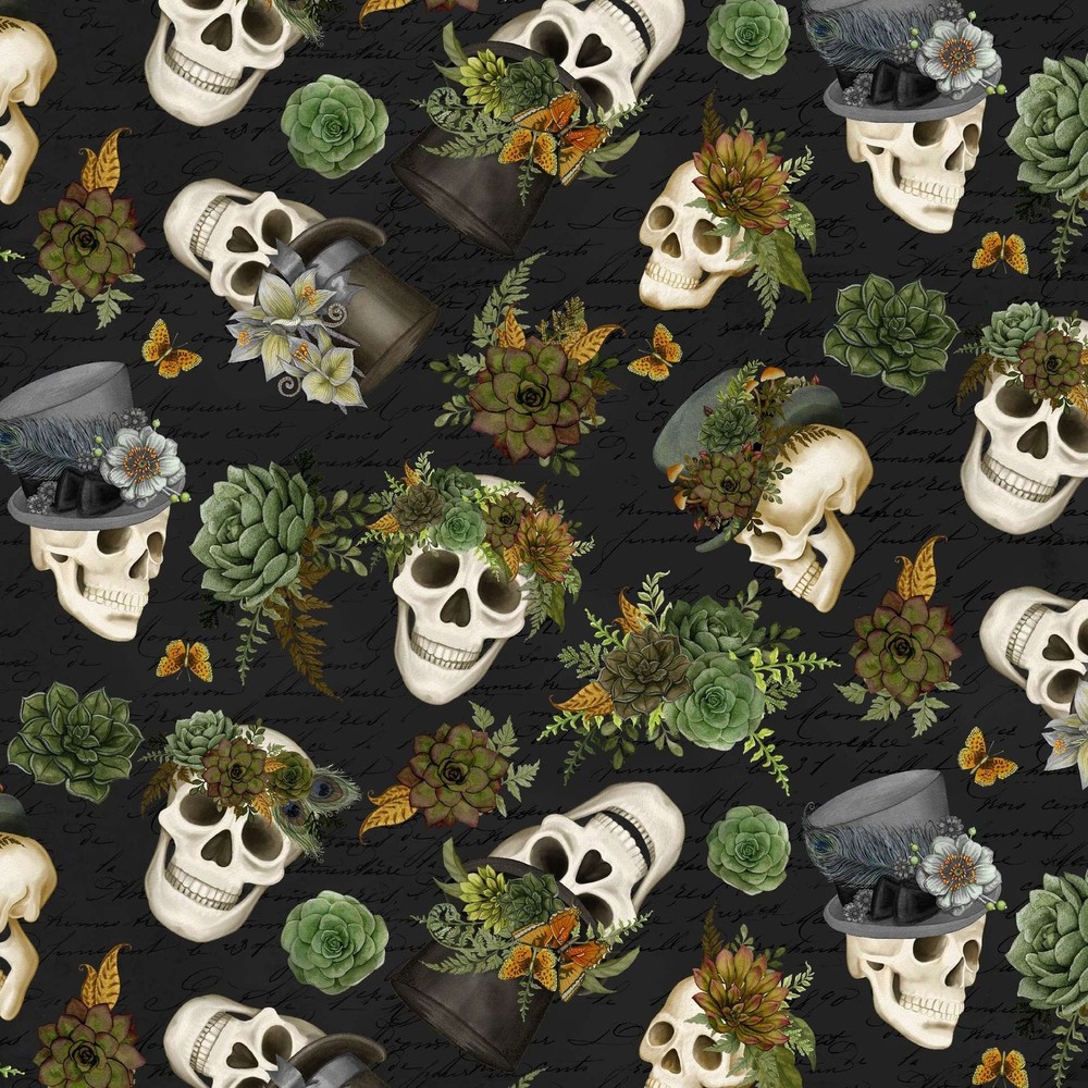 Lumin/White Owl – Dark Academia – Skulls And Hats – Black, Fabric BTY