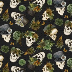 Lumin/White Owl – Dark Academia – Skulls And Hats – Black, Fabric BTY