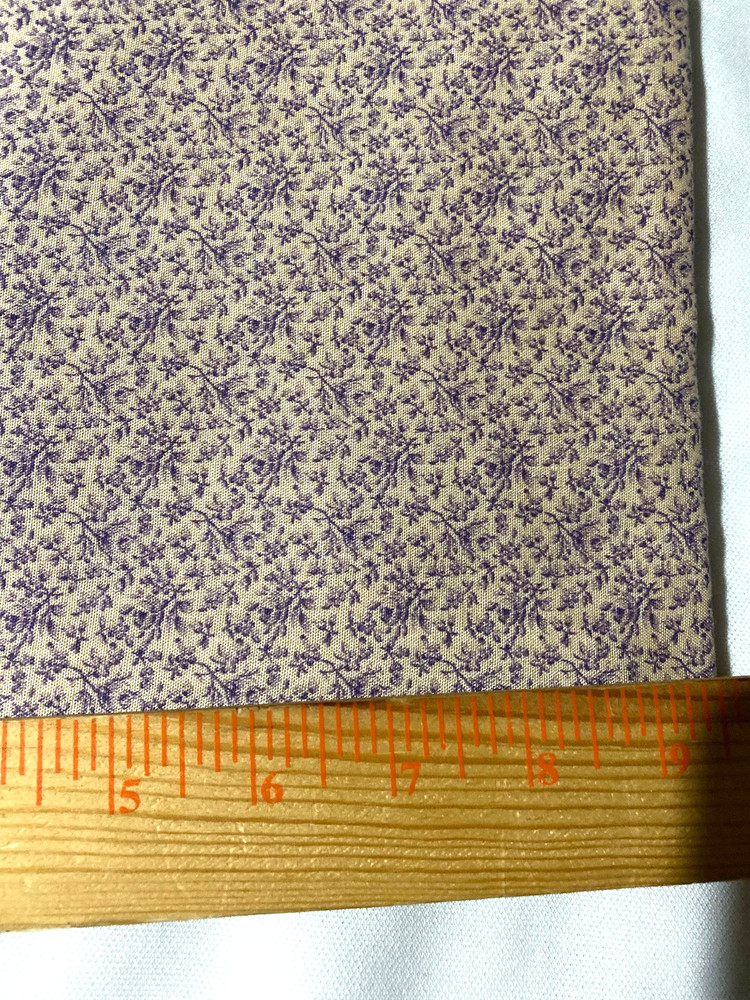 Small lavender floral on beige/cotton polyester blend fabric 1 yd 16″ x 45″