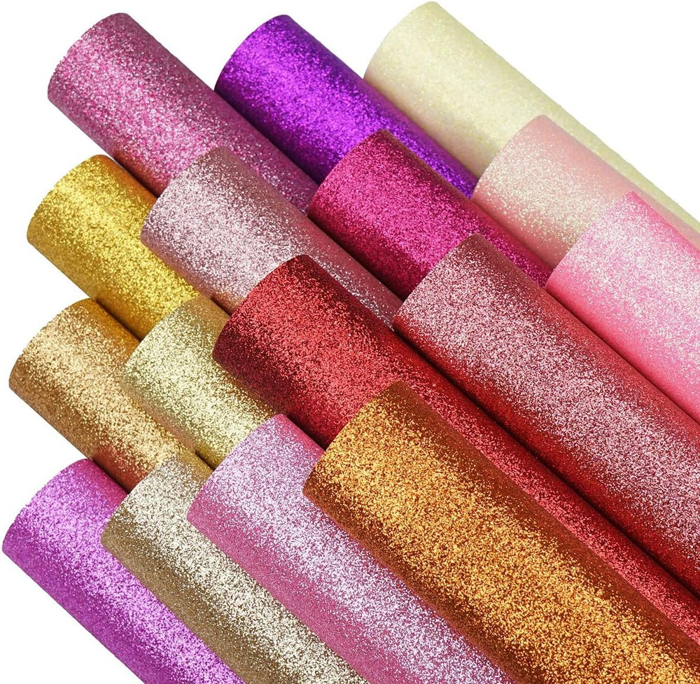 16 Colors 8X12 Inches Fine Glitter Faux Lather Canvas Sheets for Hair Bows, Earr