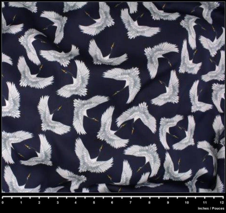 Luscious Pebble Satin in Navy Blue with Cranes – Slinky, Sultry, Sensuous!