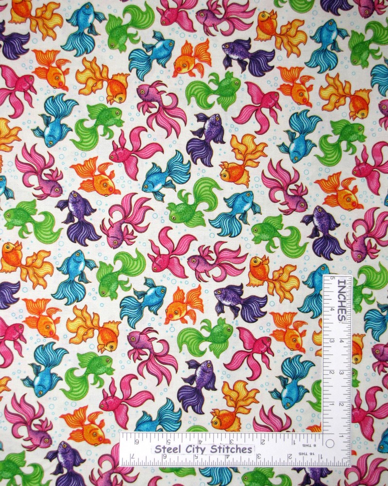 Fish Fabric 22″ Length Multicolor Fishes Cotton by QT Tail of Two Kitties