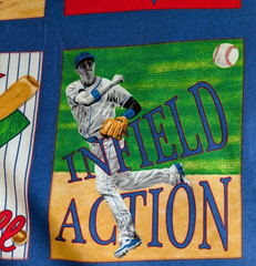 Blank Quilting Cotton Fabric Baseball Player HIT RUN SCORE Cheater Quilt 44″ BTY