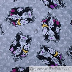 BonEful FABRIC FQ Cotton Quilt Gray White Black B&W Disney Witch Maleficent Doll
