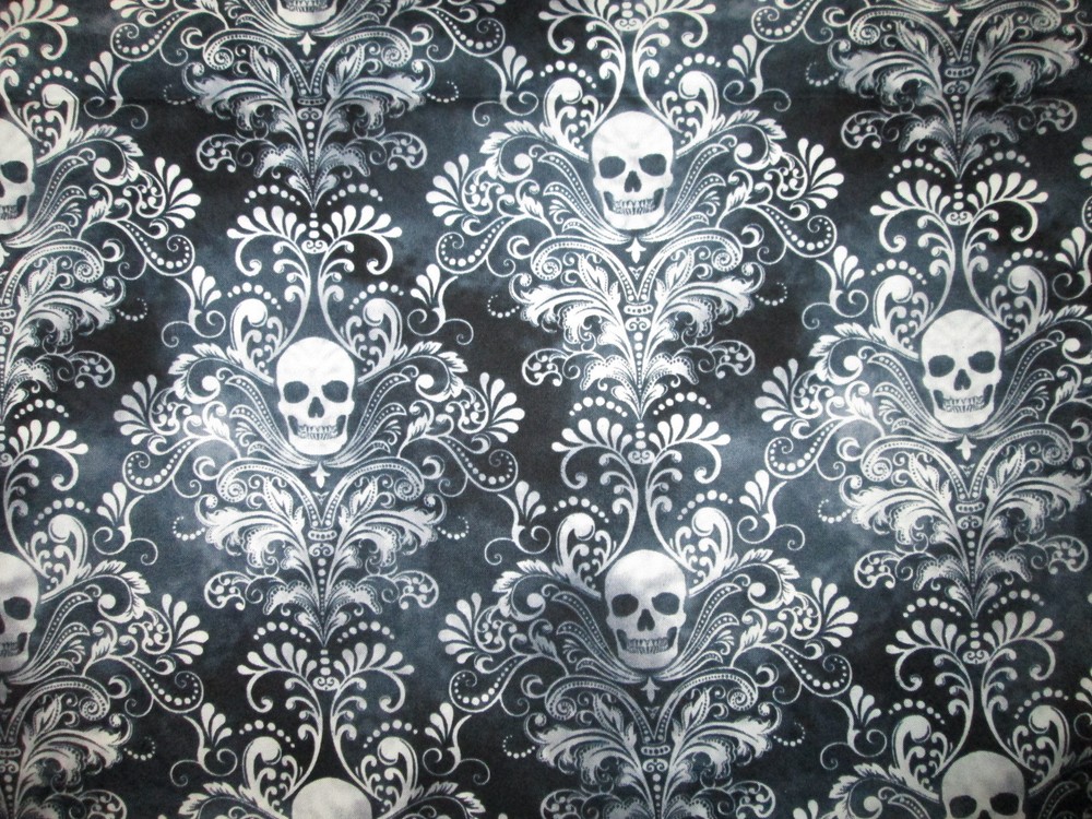 SKULLS FANCY SUGAR SKULL BAROQUE BLACK COTTON FABRIC FQ