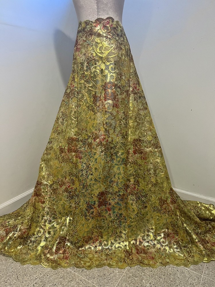 1.5 Yard Green Yellow Red Sequins Embroidery Lace Fabric 50” Width